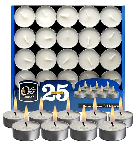 Ohr Candles Tealight Candles - 25 Pack Tea Lights Candles - White Tealights Unscented - 3 Hour Burn Time