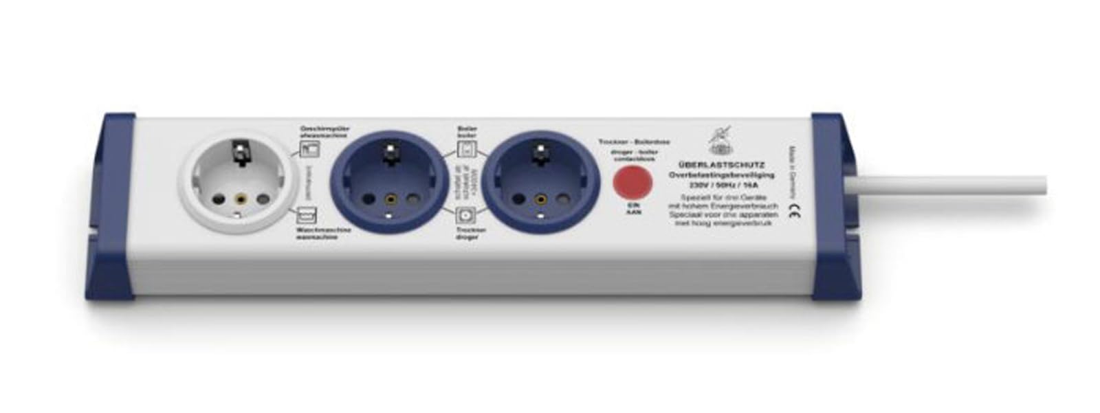 BACHMANN - 3-Fach Steckdosenleiste mit Überlastungsschutz. 1x Steckdose CEE7/3 Dauerstrom | 2xSteckdose CEE7/3 in Abhängigkeit des Stromverbrauchs. 250 V~ | 50 Hz / 16 A