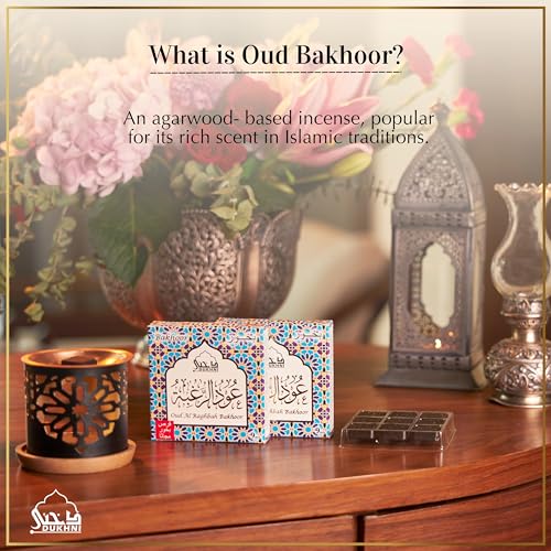 Image of Oud Al Raghbah Bakhoor Set عود بخور و مبخرشمعدان by Dukhni | 2 x 9 Piece Each & Oriental Bakhoor Burner | Arabic Bakhoor Incense | Zesty Woody Oud Blend| Perfect for Prayer Time | to Relax & Meditate