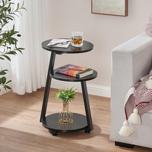 BEWISHOME Round End Table Side Table with Metal Frame, Accent Table Nightstand Bedside Table with 3-Tier Shelves, Small Couch Table for Living Room Bedroom Black KTZ41B - Thumbnail 2