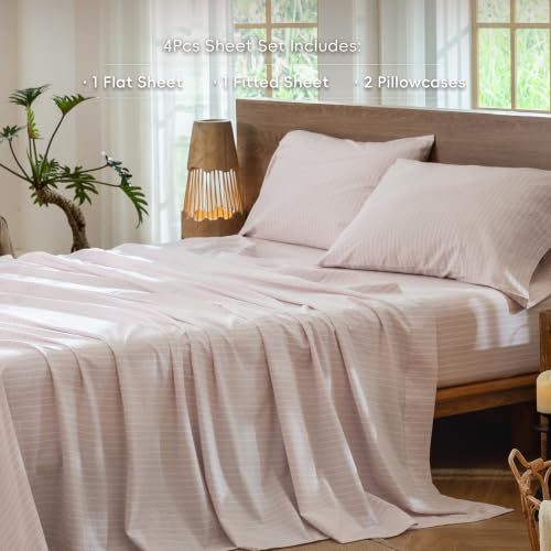Image of MooMee Striped Sheet Set 100% Washed Cotton Linen Like King