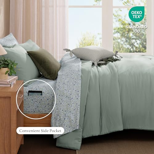 Monbix Full Size Comforter Set - 7 Pieces Sage Green Prewashed Bed in a Bag Full Bedding Sets with Comforters, All Seasons Ultra Soft Comforter Bed Set with Sheets,Pillowcases & Shams