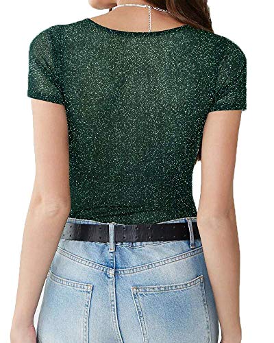 Image of MANGOPOP Women's Long Sleeve /Short Sleeve Glitter Sheer Mesh Tops T Shirt Blouse Clubwear (1113 (Dark Green), Small)