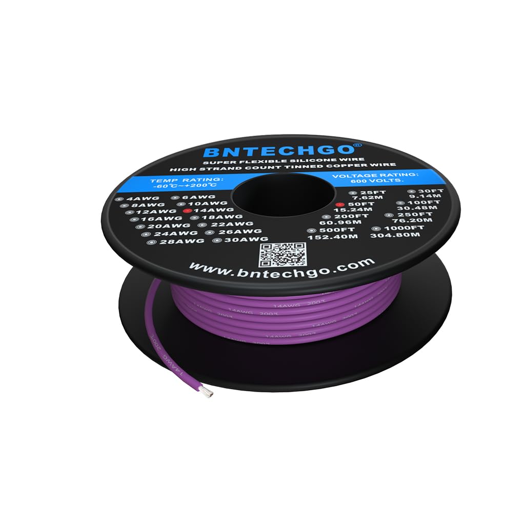 BNTECHGO 14 Gauge Silicone Wire Spool 50 ft Purple Flexible 14 AWG Stranded Tinned Copper Wire