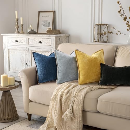 Image of decorUhome Fall Chenille Soft Cozy Throw Pillow Covers 12x20 Set of 2, Modern Farmhouse Boho Velvet Decorative Pillow Cases with Stitched Edge for Couch Sofa Bed Home Decor, Black