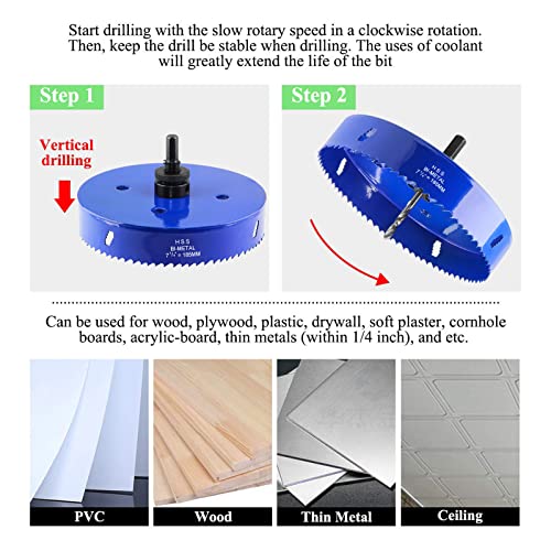 Image of 7-1 /4 Inch Hole Saw with Arbor, 1.2 Inch Cutting Depth | Heavy Duty, HSS Bi-Metal, For Wood Cornhole Boards Plastic Drywall & Thin Metal, Smoothly Cutting