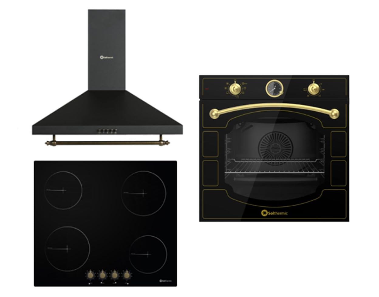 SOLTHERMIC PACK 3 EN 1 NEGRO RUSTICO PLACA VITROCERÁMICA 4 FUEGOS PVTC60 59x52cm / 9 niveles de potencia/Botones + CAMPANA DECORATIVA 60 CM hasta 400m3 + HORNO EXTRA AMPLIO 78L TURBO