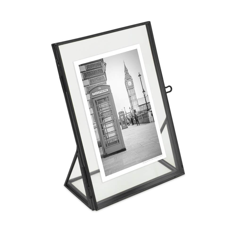 Isaac Jacobs 4x6, Black, Vintage Style Brass and Glass, Floating Photo Frame, Metal, (Vertical), with Locket Closure and Angled Base, for Pictures, Art, Mementos, Keepsakes (4x6, Black)