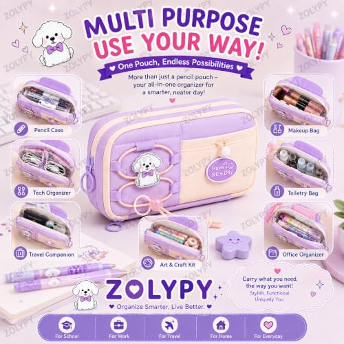 Image of Kawaii Cute Aesthetic Pencil Case 3 Layer 6 Compartment Large Capacity for Students | Pencil Pouch with Zipper | Cartoon Stationery Organizer Bag for Kids, Pencil Case for Girls & Boys (Nice Purple)