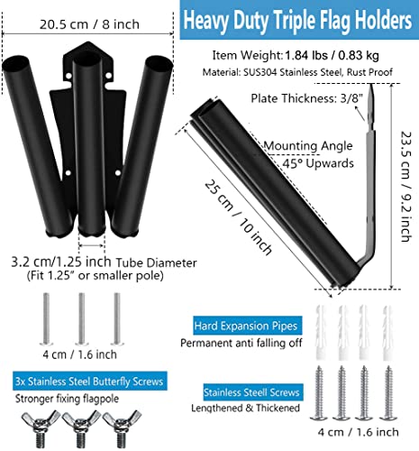 Munzong Triple Flag Holders 1.25" Inner Diameter, Oil Rubbed Black Stainless Steel Flagpole Bracket, Wall Mount Heavy Duty Outdoor House Flag Pole Holder - Strong Rust Proof & Wind Resistant #TOP1