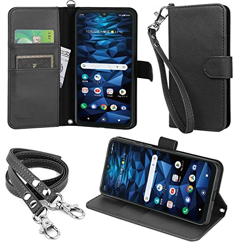 wisers DIGNO XS3 KYG02 法人モデル 対応 手帳型 スマホケース (ブラック) ストラップ 2種付き (ハンドストラップ/ネックストラップ) カードホルダー 牛革調PUレザー 2023 新型