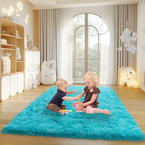 4x6 Rugs for Living Room, Large Fluffy Area Rugs for Bedroom, Soft Carpet Shag Kids Rug with 4 Non-Slip Rug Pads (Turquoise Blue, 4ft x 6ft)