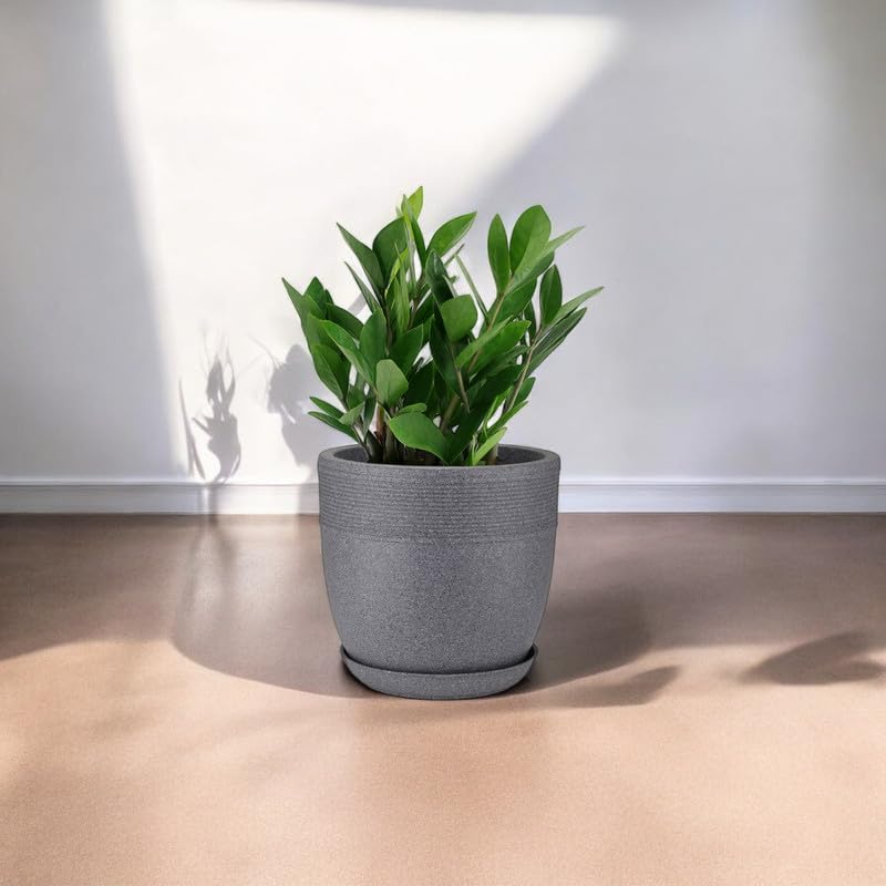 Image of GARDENS NEED Stylish 10-Inch (25.4cm) Grey Granite Marble Look Roto Moulded Plastic Flower Pot with Drainage Hole and Bottom Tray for Indoor and Outdoor Use