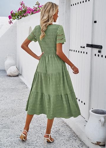 Image of Sumleno 2026 Women's Summer Midi Dresses Short Sleeve Smocked Tiered Dress Vacation Beach Wedding Guest Elegant Boho Sundress