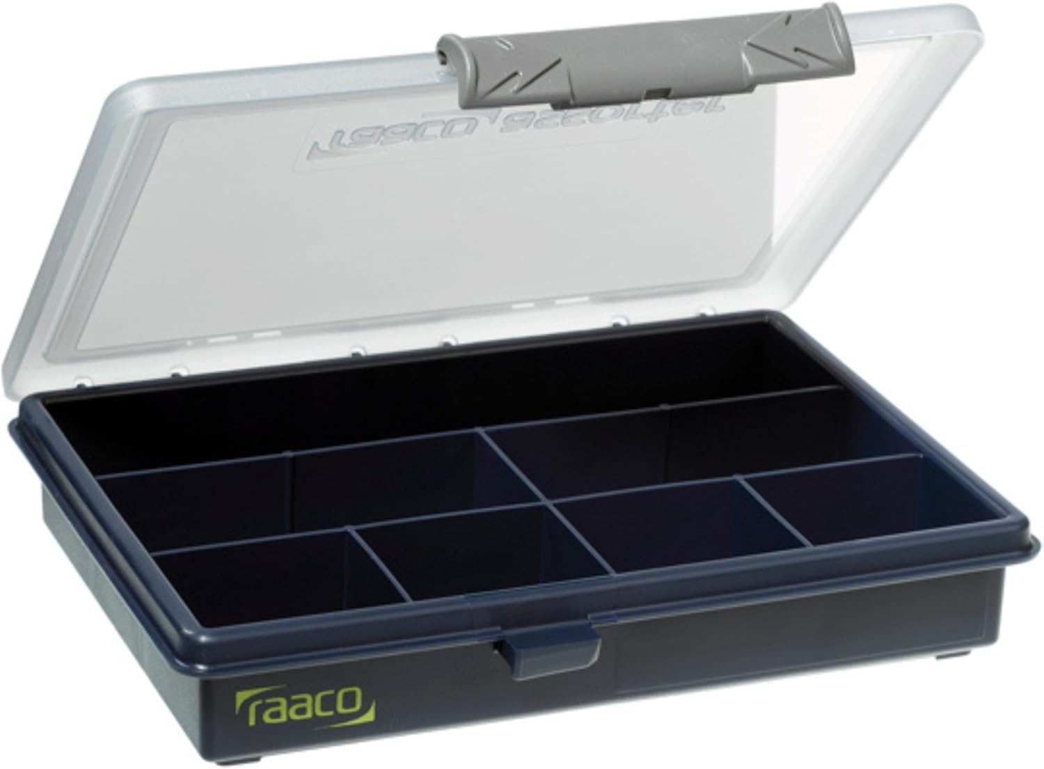 Raaco Assorter Tool Box Organizer – Compact – 7 Slots Fixed Grid with Semi-Transparent Lid, Polypropylene (PP) Storage Box for Screws, Nuts and Bolts, Small Parts & Hardware (Assorter 6-7)