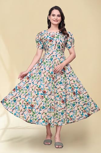 Image of Women's A-Line Crepe Maxi Dress | Stylish Fit and Flare Dress with Round Neck Short Puff Sleeves for Casual Wear