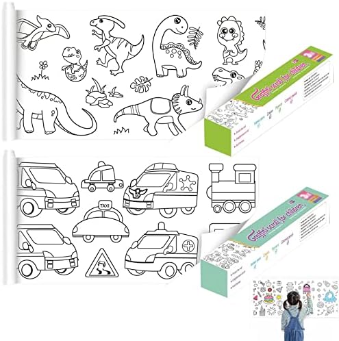 Children’s Drawing Roll Paper, 2Pcs 300*30cm Sticky Drawing Paper Roll for Kids, Coloring Paper Roll DIY Painting Color Filling Paper, Art Paper Crafts Coloring Tablecloth for Kids Birthday Party (Dinosaurs + Transportation)