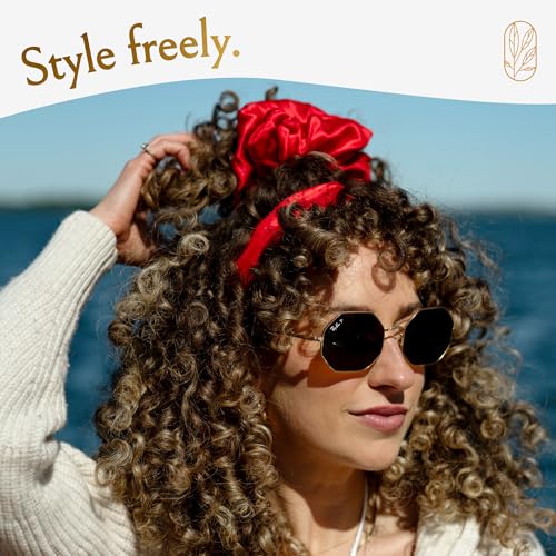 Image of Silk Scrunchies Ponytail Holders - Oversized Mulberry Silk Scrunchies - Extra Large No Damage Hair Ties for Curly, Thick, and Thin - Hair Accessories for Women - Poppy Razzi Red, XL By Curlfriend