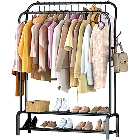 Tianqinuk Clothes Rail Metal Heavy Duty Clothes Rail Assembled Clothes Rack With 6 Side Hooks & 2-Tier Lower Storage Shelf for Bedroom Home Cover