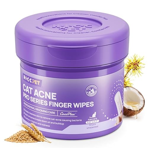HICC PET Cat Chin Acne Finger Wipes – Gentle Enzyme Complex Care for Feline Acne & Blackheads, Vet Recommended Daily Chin Cleaning Wipes, No-Rinse Natural Formula