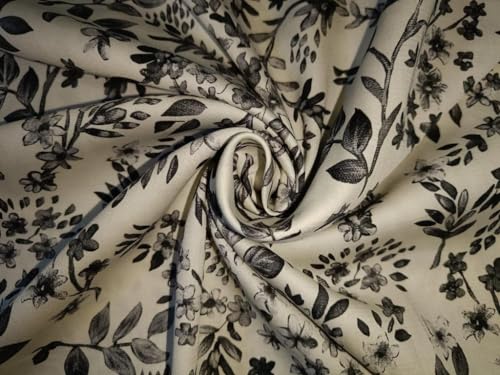 100% Linen Floral Digital Print Black and Ivory Floral Print Fabric 44