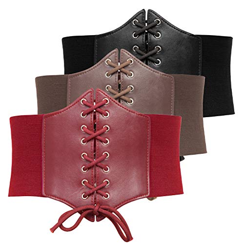 GRACE KARIN Women's Corset Belt Elastic Stretch Belt Fashion Wide Faux Leather Waist Belt Stretchy Corset Cinch Belt 3 Pieces(M, Black + Coffee + Red)