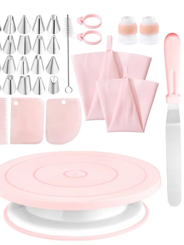 Backzubehör,Torten Zubehör 37 PCS Set Rotierenden Kuchen Plattenspieler Revolving Kuchen Stehen Kuchen Dekorieren Kit for Küche(37PCS Set pink)