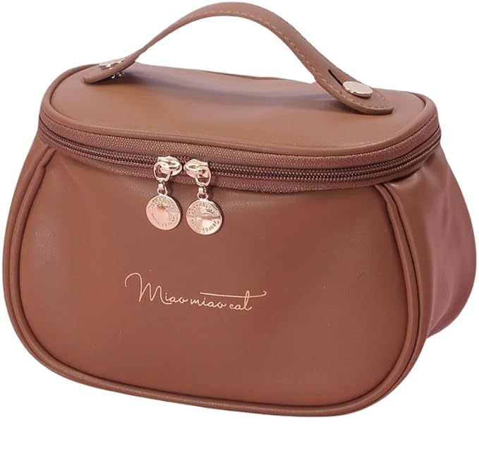 Large Capacity Cosmetic Bag Women's Makeup Travel Bag Portable Faux Leather Organizer Pouch Medium Size 11 Centimeters Travel Storage Bag Brown-image-3