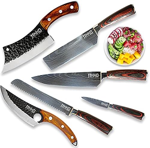Jikko New 67 Layers Carbon Steel Japanese Knife Set - Original Series - Kitchen Knife Set with Walnut and Mahogany Wood Handles - 6 Japanese Chef's Knives with Exceptional Sharpness - HRC60 Approved