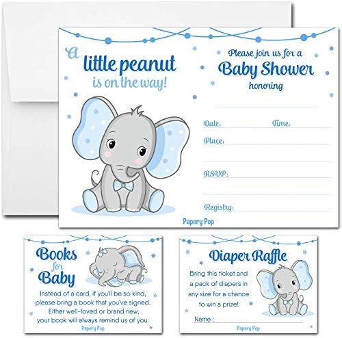 Set of 25 Baby Shower Invitations for Boy with Envelopes, Diaper Raffle Tickets and Baby Shower Book Request Cards - Elephant