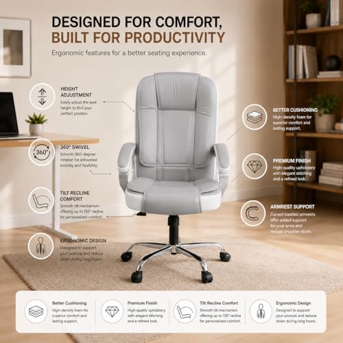 Image of GOYALSON Ergonomic Office Chair | Leatherette Seating Chair with Adjustable Height | 360 Revovling Chair | Comfortable Padded Seating /Suitable for Office /Study (White & Grey)