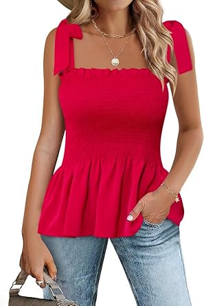 Micoson Ruffle Tank Tops for Women Summer Square Neck Sleeveless Tops Tie Shoulder Chiffon Blouse Babydoll Shirts