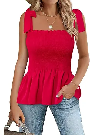 Micoson Ruffle Tank Tops for Women Summer Square Neck Sleeveless Tops Tie Shoulder Chiffon Blouse Babydoll Shirts