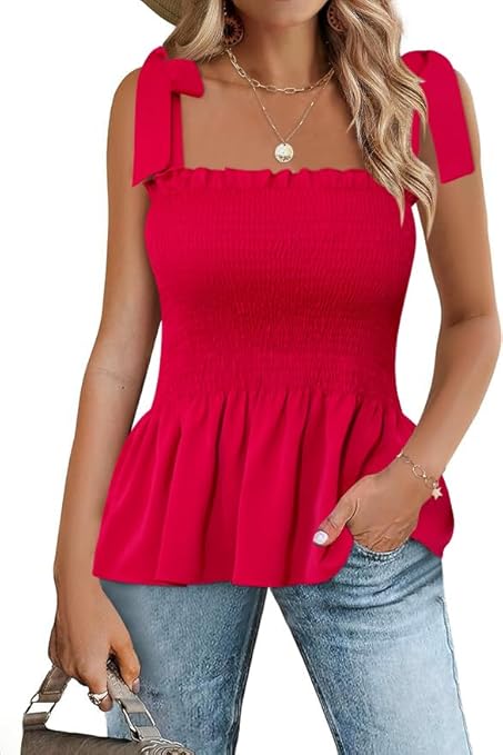 Micoson Ruffle Tank Tops for Women Summer Square Neck Sleeveless Tops Tie Shoulder Chiffon Blouse Babydoll Shirts