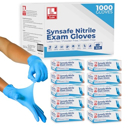 London Labs Synsafe 4 Mil -Blue Nitrile Exam Gloves –Disposable Latex Free & Powder Free – Extra Strong, Rubber Gloves – First Aid Kit, Medical, EMT, Cleaning, Cooking | Bulk Case of (1000 ct)