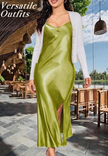 Image of ALCEA ROSEA Women's Long Satin Slip Dress Nightgowns Sexy Lingerie Adjustable Strap Midi Dress Silky Gown V Neck Under Dress