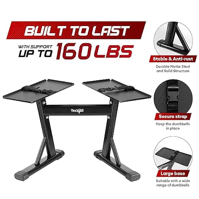 Yes4All Adjustable Dumbbell Stand - 160 Pound Capacity, Spotter Rack & Weight Rack with Strap, Easy Storage & Safety