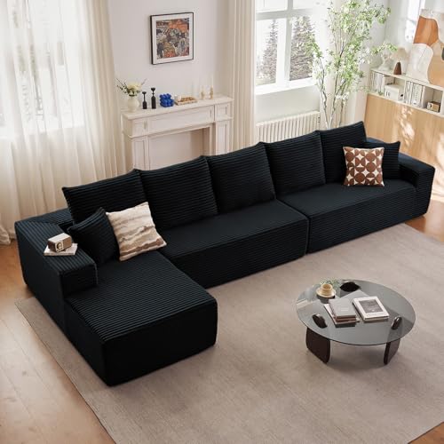 Image of 166.9 inch Cloud Sectional Couch with L-Shape Chaise, Modern Modular Comfy Sofa Chaise Longue, Upholstered Corduroy Couches Sleeper with Deep Seat for Living Room Bedroom, No Assembly Required, Black