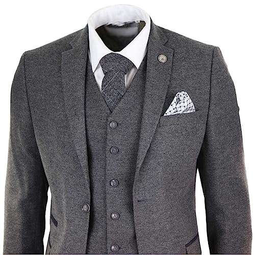 Mens Wool Tweed Suit 3 Piece Authentic 1920S Tailored Fit Classic Grey #TOP3
