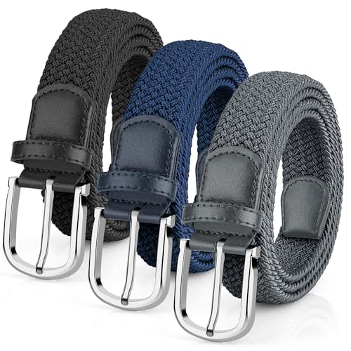 Leskyair 3 Piezas Cinturón Elástico Hombre y Mujer, Cinturón Trenzado de Tela Unisex para Pantalones Vaqueros y Casual, Extensible sin Agujeros, Ideal para Trabajo y Uso Diario