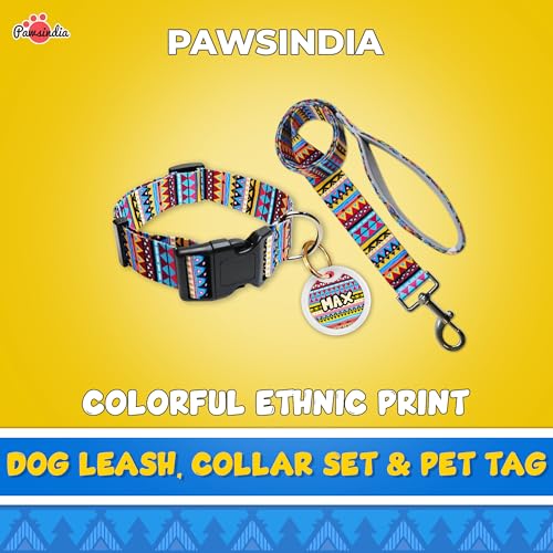 Image of Pawsindia Nylon Leash and Collar with Name Tag for Dogs, Ethnic Print with 1.5 Inches Width Adjustable Collar and 4 Feet Heavy Duty Leash with Customize Nametag