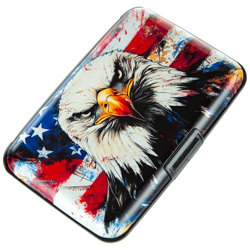 Image of Credit Card Holder, Metal Card Wallet RFID Blocking Mini Slim Aluminum Business Hard Card Case for Women Men (Bald Eagle with American Flag)
