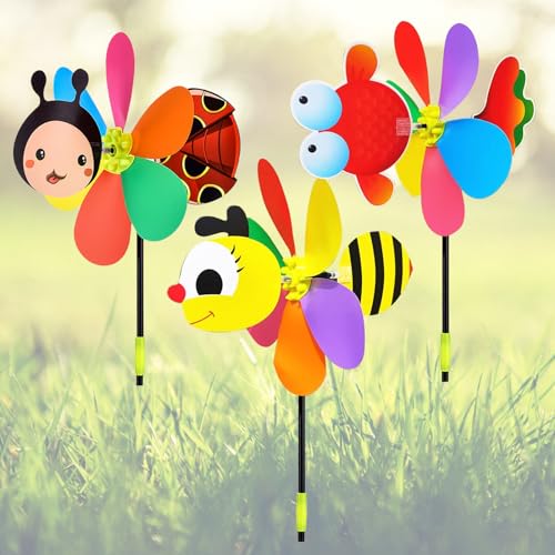 Lot de 3 moulins à vent de jardin pour enfants - 54 cm - Multicolore - Jouet 3D - Moulin en plastique - Décoration