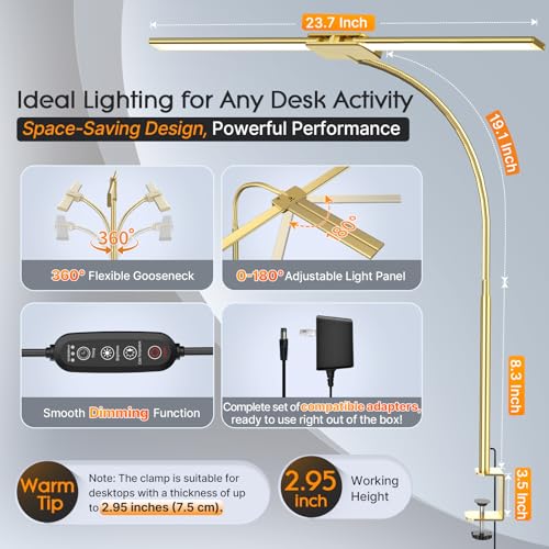Image of Syrinx LED Desk Lamp for Office Home, Dual Head Eye-Care Architect Table Lamp, Gesture /Wired Control, Flexible Neck, Bright Desk Light with Memory /Timer, 50 Lighting Modes for Study, Drafting, Gold