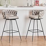 MoomJiee 30inch Bar Stools Set of 2,360° Swivel Counter Height Bar Stools, Suede Fabric Modern Stool Chairs with Woven Back and Footrest for Kitchen Island, Cafe, Pub, Bar Counter,Light Grey