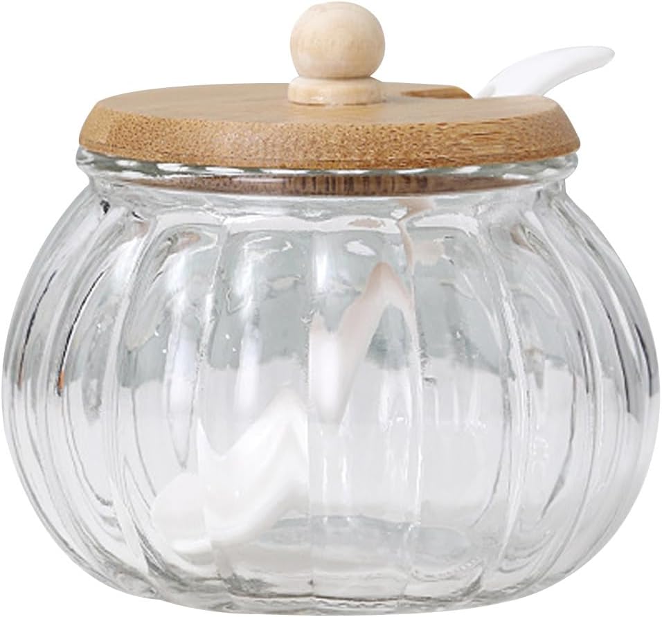 MAGICLULU 1 Set Clear Glass Seasoning Jar with Wooden Lid and Spoon Glass Sugar Bowl Pumpkin Shaped Candy Jar Salt Cellar Salt Storage Container for Sugar Spice Pepper