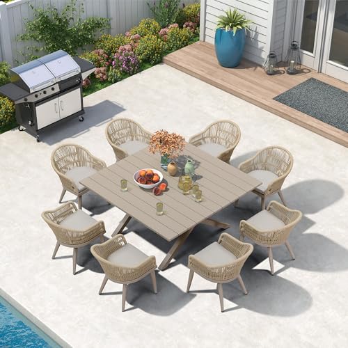 Amazonia Brooke 9-Pc. Outdoor Dining Set With Leaf Table Review & Benefits 9 PURPLE LEAF 9 Pieces Patio Dining Set with Outdoor Aluminium Square Dining Table and Woven Rattan Chairs Modern Metal Furniture Cushions Sets for Garden Yard Indoor Decor Kitchen Champagne