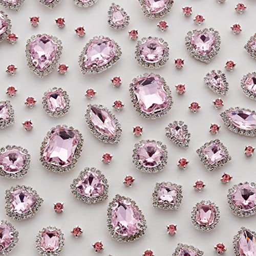 Tanosii Sew On Rhinestones 100 Pcs Mixed Shapes Glass Rhinestones Sew On Crystal Gems Mental Flatback With Silver Claw For Jewelry Crafts Clothes Shoes Costume Garment Pink Type 1 #TOP20
