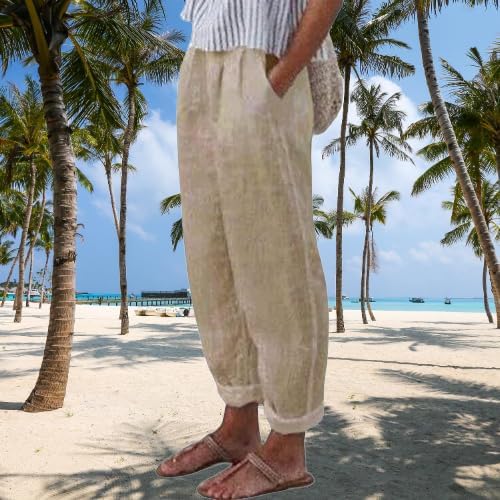 ZOCANIA Cotton Linen Pants for Women Floral Printed Beach Pants Elastic Waist Cropped Trousers Boho Pants with Pockets - Image 5
