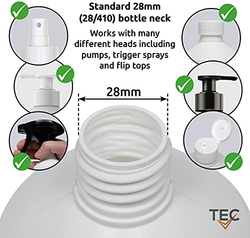 TEC Plastic Bottles Empty Containers 1 Litre 8 Pack HDPE 28mm Neck With Non Leak Screw Cap Lids and Labels for Water Chemicals Liquid Refillable Reusable Carrier 30% Recycled